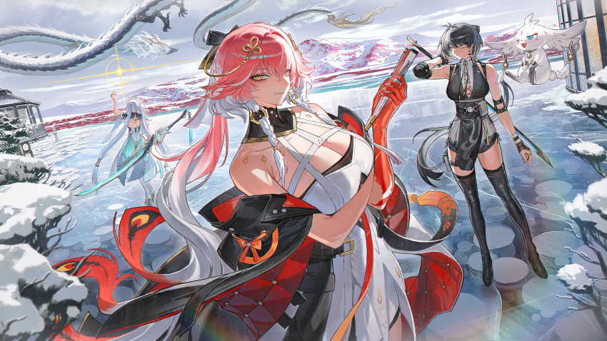 2others, 3girls, abby_(wuthering_waves), absurdres, bare_shoulders, black_dress, black_gloves, black_hair