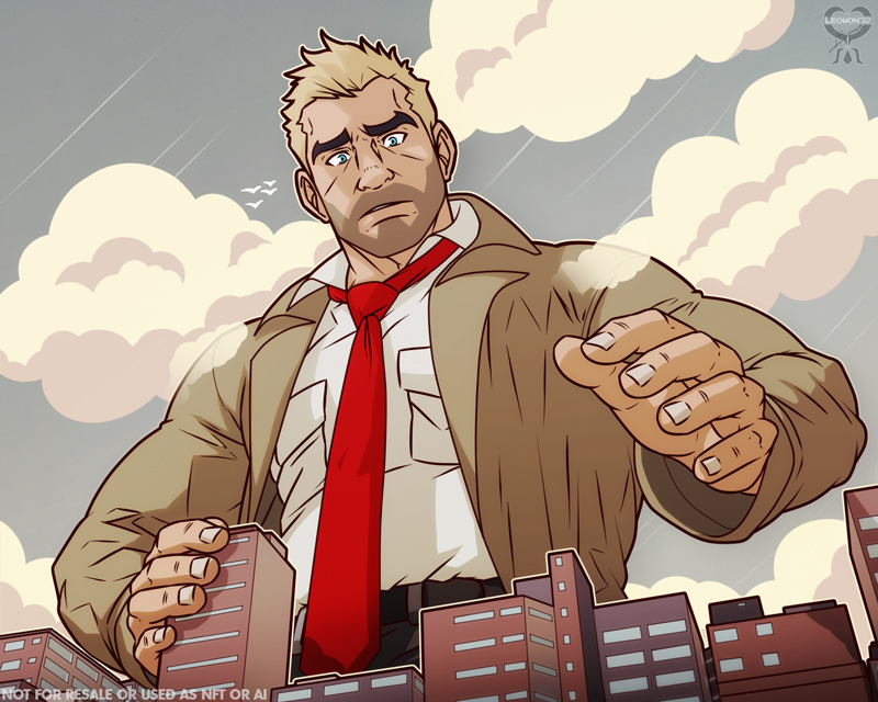 1boy, artist_logo, artist_name, bara, beard_stubble, belt, black_belt, black_pants