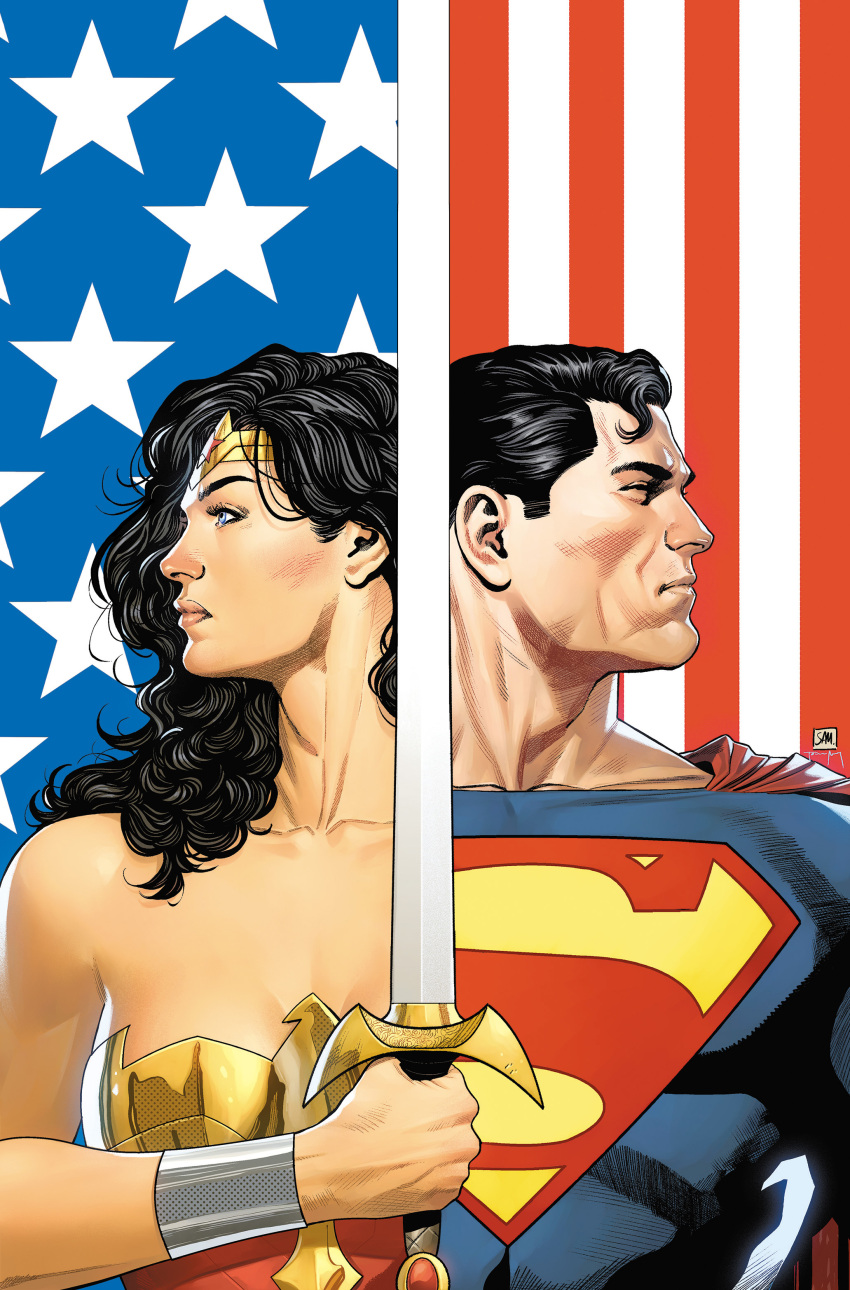 1boy, 1girl, absurdres, american_flag_background, artist_collaboration, bare_shoulders, black_hair, blue_bodysuit, bodysuit, cape, clark_kent, dc_comics, diana_prince, flag_background, highres, holding, holding_sword, holding_weapon, justice_league, logo_print, long_hair, looking_to_the_side, print_bodysuit, red_cape, sampere_art, short_hair, star_(symbol), superman, superman_logo, sword, textless_version, tiara, tomeu_morey, upper_body, weapon, wonder_woman