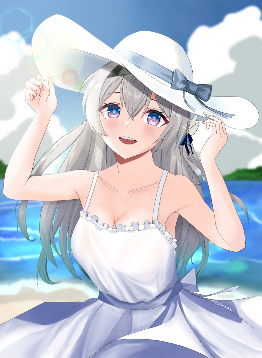 1girl, :d, absurdres, adjusting_clothes, adjusting_headwear, alternate_costume, bare_shoulders, black_hairband