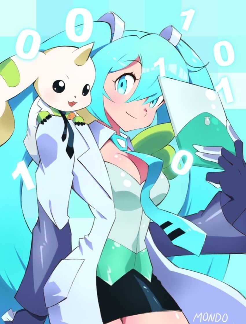 black_eyes, blue_hair, coat, digimon, digimon_(creature), hatsune_miku, highres, horns