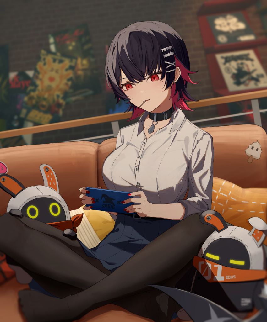 1girl, bangboo_(zenless_zone_zero), belt, black_belt, black_choker, black_hair, black_pantyhose, blue_skirt