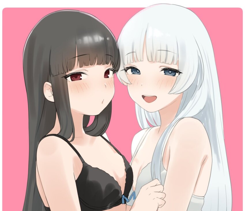 2girls, black_bra, black_hair, blue_eyes, blunt_bangs, blush, bra, brown_eyes