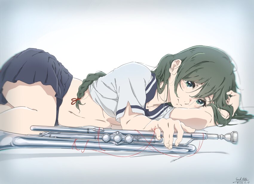 1girl, absurdres, braid, breasts, cleavage, clothes_lift, green_eyes, green_hair