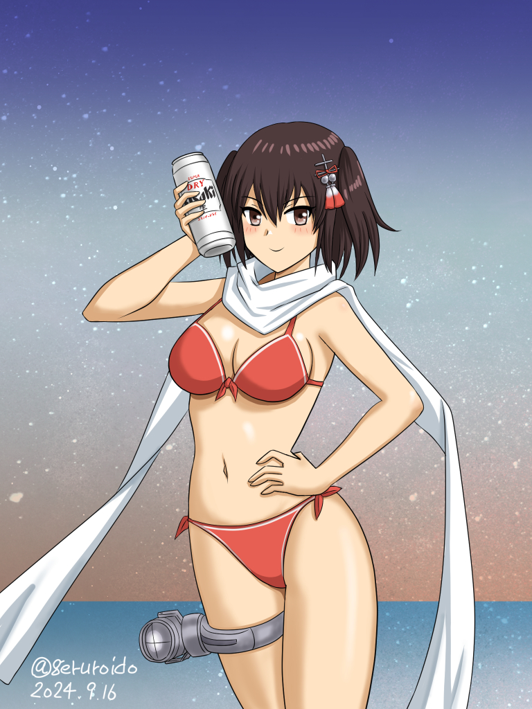 1girl, beer_can, bikini, black_hair, breasts, brown_eyes, can, commentary_request