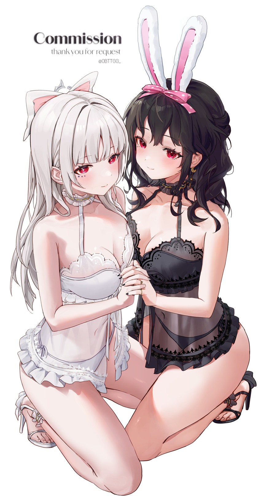 2girls, absurdres, animal_ears, babydoll, bare_arms, bare_legs, bare_shoulders, black_babydoll