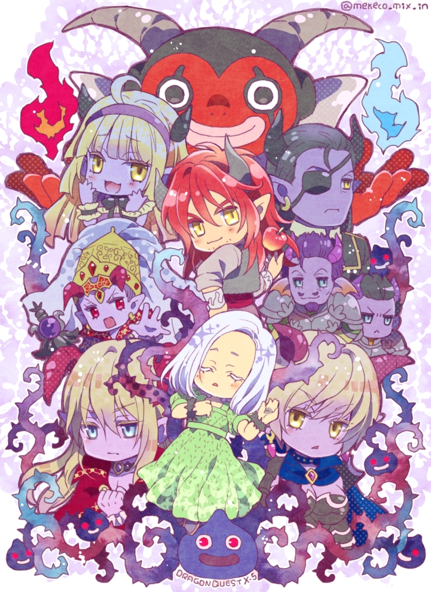 4girls, 6+boys, ahoge, azbar_(dragon_quest), beltro_(dq10), black_eyes, black_hair, black_horns, black_sclera, blue_cape, blue_choker, blue_eyes, blunt_bangs, breasts, cape, character_request, check_character, chibi, choker, cleavage, clenched_hand, closed_eyes, colored_eyelashes, colored_sclera, colored_skin, commentary_request, copyright_name, demon_boy, demon_girl, demon_oracle_(dq10), dragon_quest, dragon_quest_x, dress, earrings, elgadora, eyepatch, facial_hair, frilled_wrist_cuffs, frills, goatee, green_dress, highres, horns, illusia_(dq10), jair_(dq10), jewelry, large_breasts, long_hair, looking_at_viewer, looking_back, medium_hair, mekeko, mother_and_child, mother_and_son, multiple_boys, multiple_girls, najinn_(dragon_quest), parent_and_child, pointy_ears, purple_hair, purple_skin, red_cape, red_eyes, red_hair, red_horns, red_skin, rinverry, short_hair, slime_(dragon_quest), studded_choker, valeria_(dragon_quest), white_hair, wrist_cuffs, yellow_eyes, yushuka_(dragon_quest)