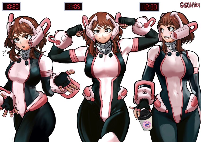 1girl, aged_up, artist_name, bodysuit, boku_no_hero_academia, breasts, brown_eyes, brown_hair, curvy, fingerless_gloves, gloves, gsony24, highres, large_breasts, looking_at_viewer, mature_female, multiple_views, short_hair, sidelocks, skin_tight, smile, superhero_costume, thick_thighs, thighs, uraraka_ochako, uraraka_ochako_(hero_outfit), wide_hips