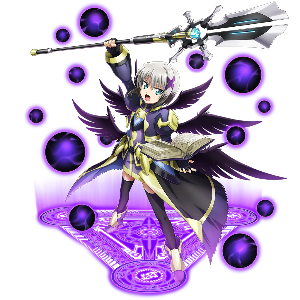 1girl, arm_up, black_wings, book, energy_ball, full_body, grey_hair, grimoire_(nanoha), hair_ornament, holding, holding_staff, lord_dearche, lyrical_nanoha, magic_circle, magical_girl, mahou_shoujo_lyrical_nanoha_detonation, multicolored_hair, multiple_wings, object_floating_above_hand, official_art, on_magic_circle, open_mouth, overlord_(maruyama), solo, staff, standing, standing_on_magic_circle, thighhighs, transparent_background, two-tone_hair, waist_cape, wings, x_hair_ornament, yersiniakreuz