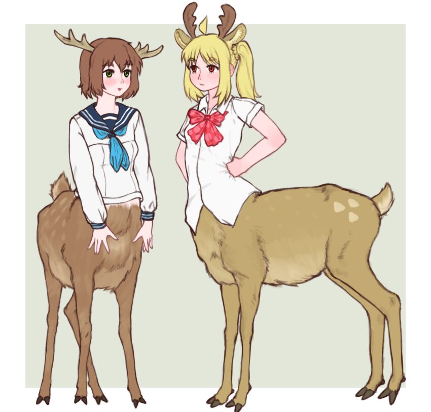 10tile, 2girls, :3, absurdres, ahoge, animal_ears, antlers, aqua_neckerchief, blonde_hair, blue_sailor_collar, bocchi_the_rock!, bow, bowtie, braid, breasts, brown_hair, centauroid, closed_mouth, collared_shirt, commentary, crossover, deer_antlers, deer_ears, deer_girl, deer_tail, english_commentary, extra_ears, full_body, green_eyes, hair_between_eyes, hands_on_own_hips, highres, hooves, horns, ijichi_nijika, long_hair, long_sleeves, monster_girl, monsterification, multiple_girls, multiple_legs, neckerchief, parted_bangs, parted_lips, red_bow, red_bowtie, red_eyes, sailor_collar, school_uniform, shikanoko_noko, shikanoko_nokonoko_koshitantan, shimokitazawa_high_school_uniform, shirt, short_hair, short_sleeves, sidelocks, simple_background, small_breasts, standing, tail, taur, twintails, white_shirt