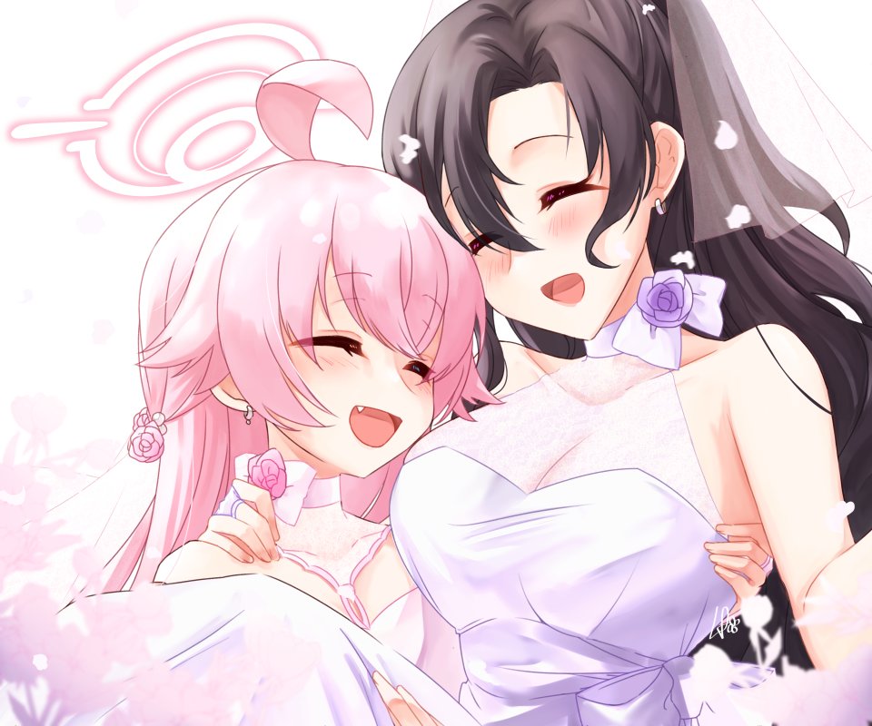 2girls, ahoge, bare_shoulders, black_hair, blue_archive, breasts, bridal_gauntlets, bridal_veil