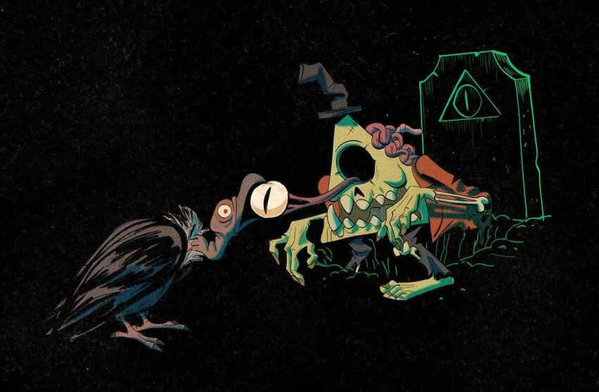 1boy, 1other, barefoot, bill_cipher, bird, black_background, black_bird, black_hat