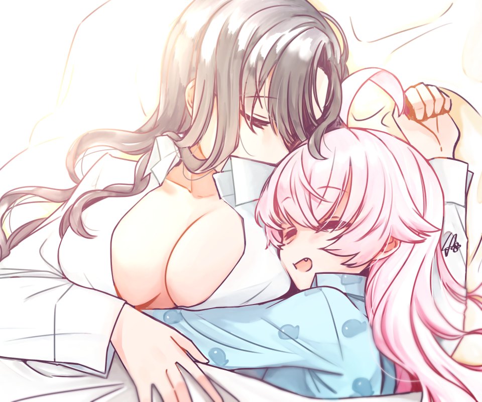 2girls, ahoge, black_hair, blue_archive, blue_shirt, breasts, cleavage, closed_eyes