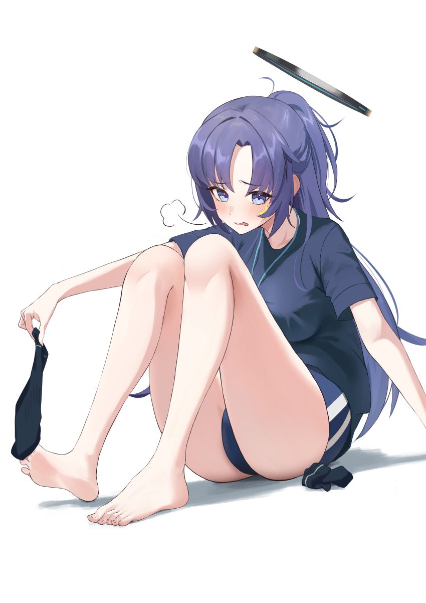 absurdres, bare_legs, black_shirt, black_socks, blue_archive, blue_buruma, blue_eyes, blue_hair, blush, buruma, double_vertical_stripe, feet, gym_shirt, gym_uniform, halo, highres, kanketsu25, knees_up, lanyard, long_hair, mechanical_halo, official_alternate_costume, ponytail, removing_sock, shirt, short_sleeves, sitting, socks, soles, star_(symbol), star_sticker, sticker, sticker_on_face, thighs, toes, unworn_socks, wavy_mouth, yuuka_(blue_archive), yuuka_(track)_(blue_archive)