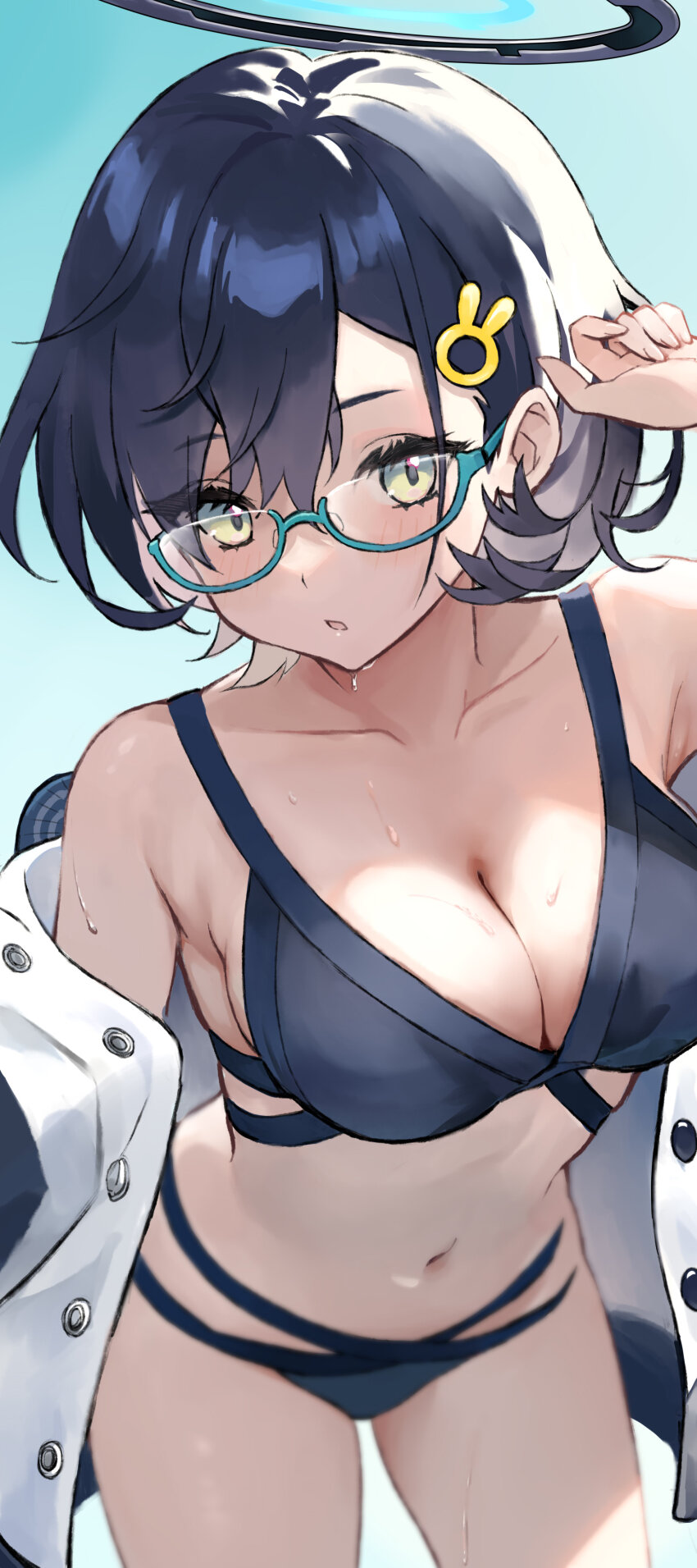 1girl, absurdres, bikini, black_bikini, black_hair, blue_archive, blue_background, breasts