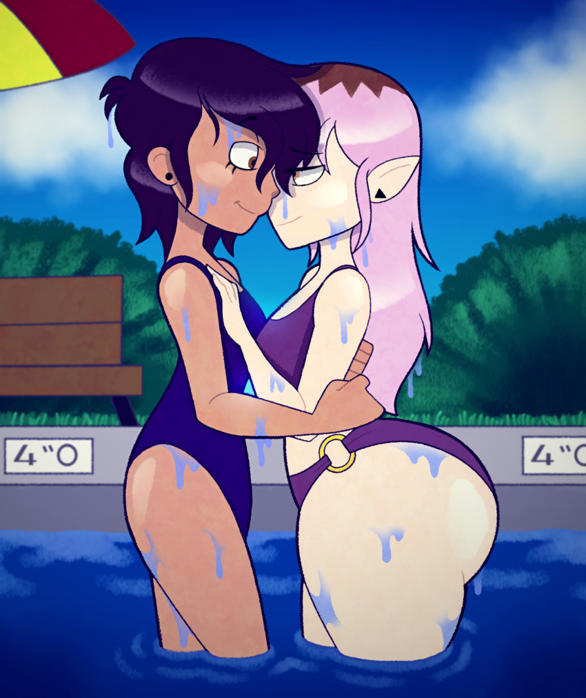 absurdres, amity_blight, bikini, brown_eyes, eye_contact, highres, looking_at_another, luz_noceda