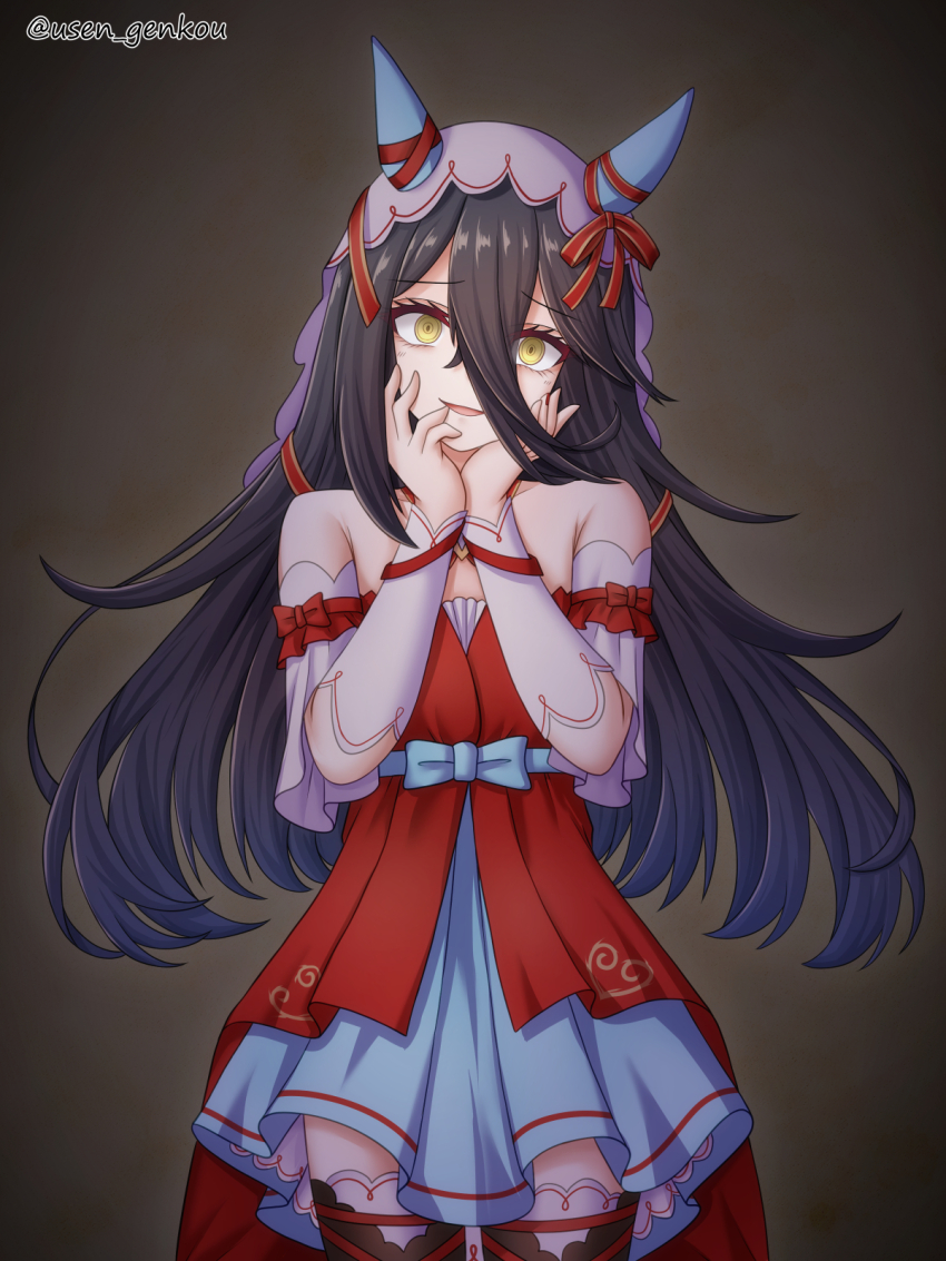 1girl, @_@, alternate_costume, animal_ears, black_hair, blush, breasts, cosplay