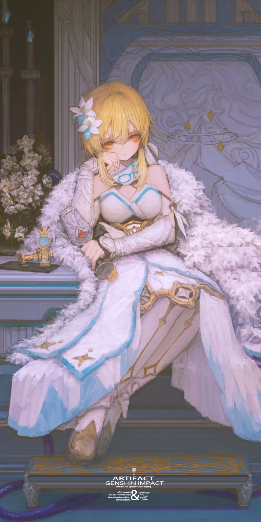&amp;ueen, 1girl, absurdres, artifact_(genshin_impact), bare_shoulders, blonde_hair, boots, bracer, brown_boots, cape, chinese_commentary, commentary_request, cup, dot_nose, dress, drinking_glass, elbow_on_table, expressionless, eyelashes, flower, full_body, fur_cape, genshin_impact, hair_between_eyes, hair_flower, hair_ornament, hand_on_own_cheek, hand_on_own_face, highres, holding, holding_cup, indoors, light_blush, long_dress, looking_at_viewer, lumine_(genshin_impact), orange_eyes, pantyhose, parted_lips, plant, potted_plant, scarf, short_hair_with_long_locks, sitting, solo, strapless, strapless_dress, white_cape, white_dress, white_flower, white_pantyhose, white_scarf, wine_glass