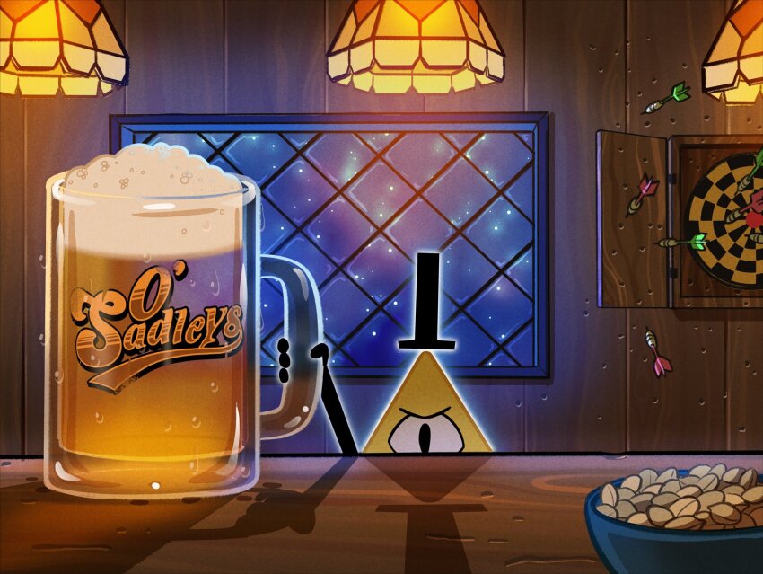 1boy, alcohol, backlighting, beer, beer_mug, bill_cipher, black_eyes, black_hat