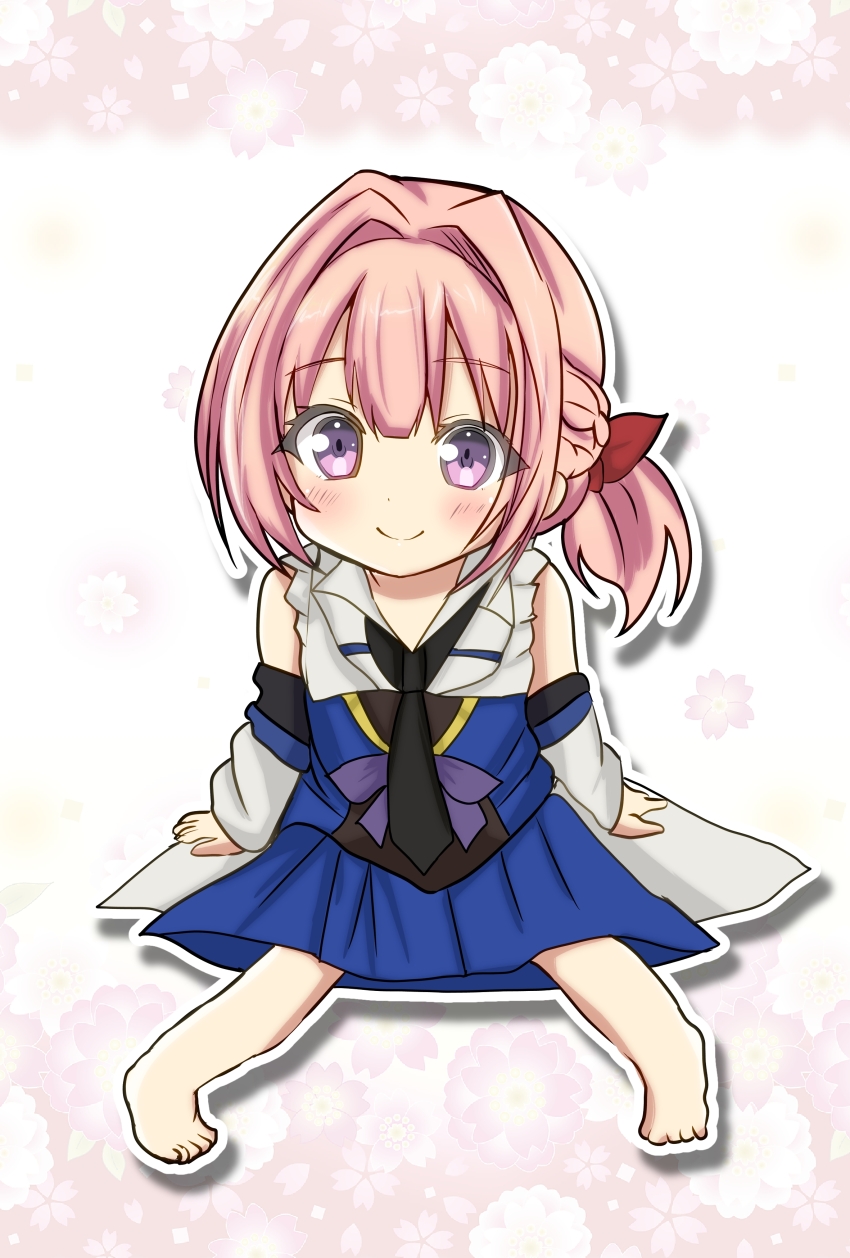 1girl, absurdres, age_regression, aged_down, arms_at_sides, assault_lily, barefoot, black_necktie, blue_shirt, blue_sky, blunt_bangs, blush, braid, child, closed_mouth, collared_shirt, commentary, detached_sleeves, ebisu_nobu, floral_background, flower, full_body, hair_intakes, hair_ribbon, half_up_braid, highres, long_sleeves, low_ponytail, medium_hair, miniskirt, necktie, odaiba_girls_high_school_uniform, otake_sunao, outline, oversized_clothes, pink_background, pink_flower, pink_hair, ponytail, purple_eyes, red_ribbon, ribbon, school_uniform, shirt, side_ponytail, sitting, skirt, sky, sleeveless, sleeveless_shirt, smile, solo, two-tone_background, two-tone_shirt, white_background, white_flower, white_outline, white_shirt