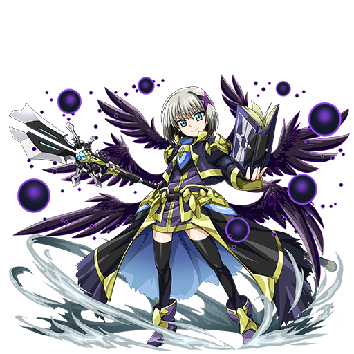 1girl, air_current, armor, armored_dress, black_wings, book, cropped_jacket, dress, elemental_story, energy_ball, full_body, grey_hair, grimoire_(nanoha), hair_ornament, holding, holding_book, holding_staff, holding_weapon, lord_dearche, lyrical_nanoha, magical_girl, mahou_shoujo_lyrical_nanoha_detonation, multicolored_hair, multiple_wings, official_art, short_dress, short_hair, smile, solo, staff, transparent_background, two-tone_hair, waist_cape, weapon, wings, x_hair_ornament, yersiniakreuz