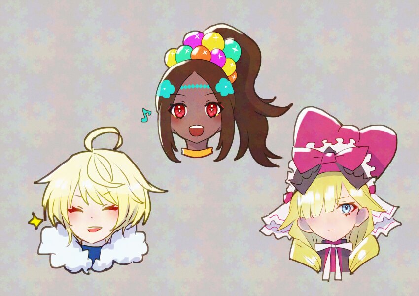 3girls, :d, absurdres, adversarial_noise, ahoge, blonde_hair, blue_eyes, brown_hair