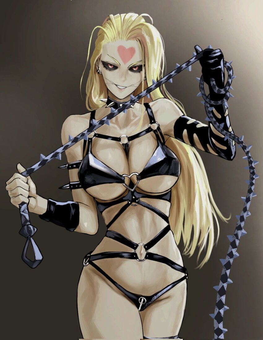 1girl, arm_strap, black_sclera, blonde_hair, bondage_outfit, breasts, collar, colored_sclera