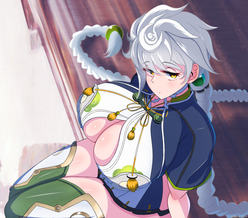 1girl, absurdres, asymmetrical_hair, braid, breasts, cleavage_cutout, clothing_cutout, cloud_print, commission, from_above, green_thighhighs, highres, huge_breasts, jitome, kantai_collection, long_hair, looking_at_viewer, miniskirt, pixiv_commission, short_sleeves, single_braid, sitting, skirt, solo, thighhighs, unryuu_(kancolle), very_long_hair, wavy_hair, white_hair, yellow_eyes, yoko_hata