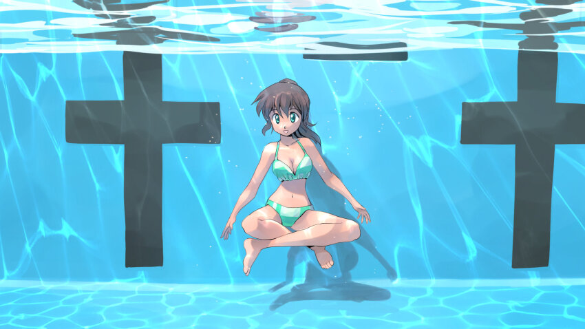 1girl, aqua_bikini, aqua_eyes, barefoot, bikini, black_hair, breasts, caustics, feet, highres, indian_style, legs, looking_at_viewer, masuki, navel, open_mouth, original, ponytail, pool, shadow, sitting, solo, sunlight, swimsuit, tareme, underwater, wide_shot