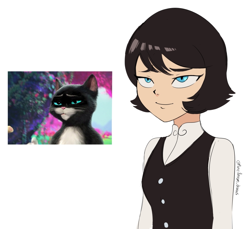 1girl, black_hair, black_vest, blue_eyes, commentary, highres, kitty_softpaws, pencilman_draws