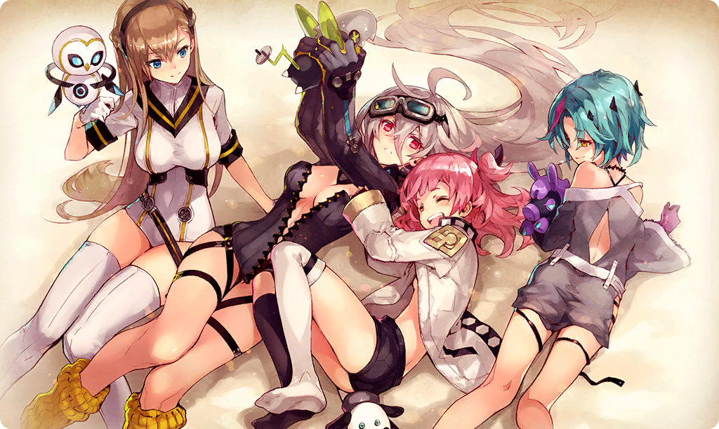 4girls, 4others, ahoge, arm_support, black_socks, blue_eyes, brown_hair, closed_eyes, closed_mouth, crossed_bangs, ta_ga_tame_no_alchemist, feet_out_of_frame, from_behind, from_side, gloves, goggles, goggles_on_head, green_hair, grey_hair, hair_between_eyes, helena_(phantom_of_the_kill), laevateinn_(phantom_of_the_kill), long_hair, lying, multiple_girls, multiple_others, no_shoes, official_alternate_costume, official_art, on_back, open_mouth, orange_eyes, parted_lips, phantom_of_the_kill, pink_hair, profile, purple_gloves, red_eyes, short_shorts, shorts, sitting, smile, socks, solomon_(phantom_of_the_kill), teeth, upper_teeth_only, very_long_hair, white_gloves, white_socks