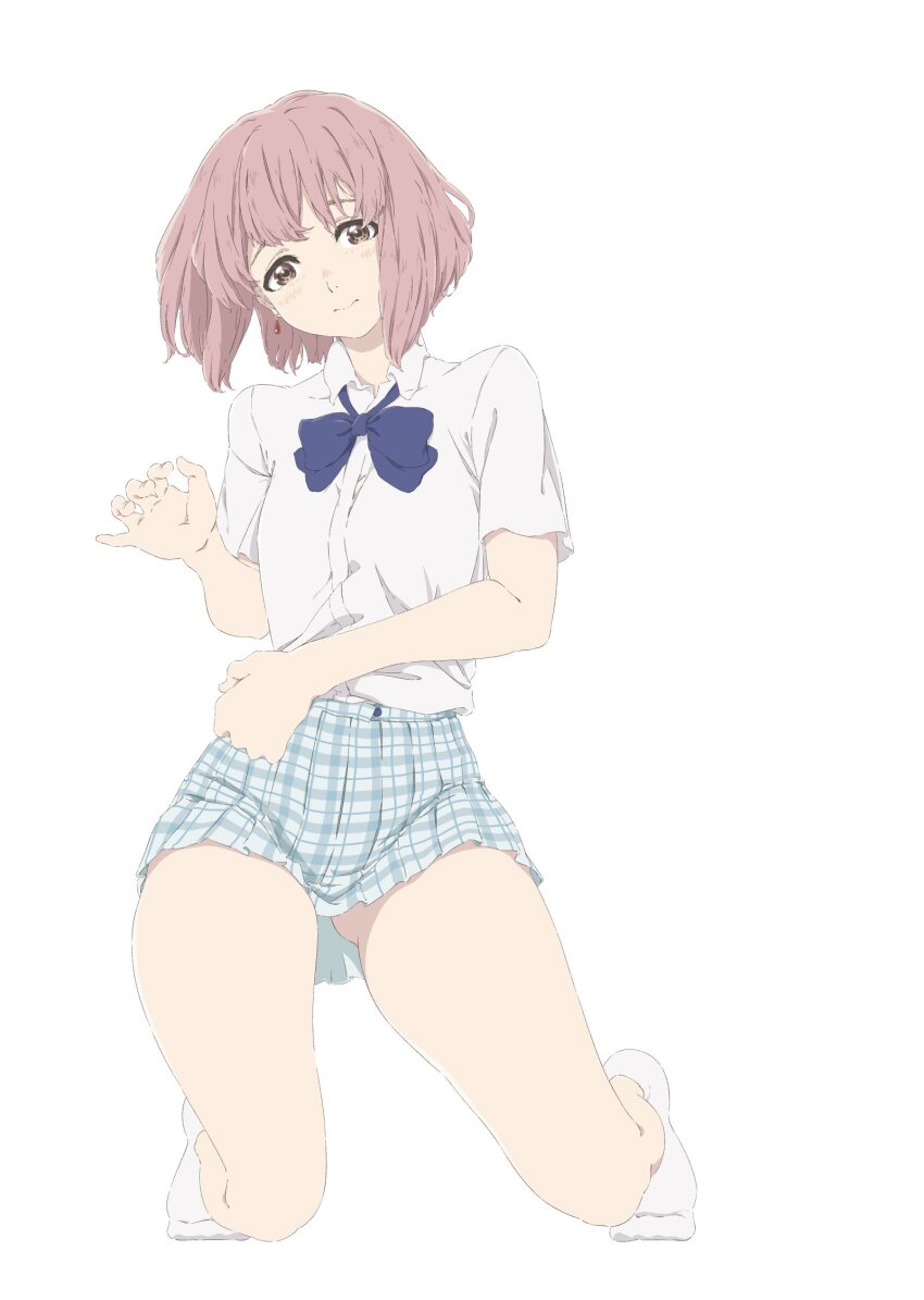 1girl, ankle_socks, blue_bow, blue_bowtie, blue_skirt, bob_cut, bow, bowtie, brown_eyes, dress_shirt, earrings, full_body, gluteal_fold, highres, jewelry, koe_no_katachi, kyoto_animation, light_blush, looking_at_viewer, medium_hair, nishimiya_shouko, pink_hair, plaid_clothes, plaid_skirt, pleated_skirt, shirt, skirt, socks, solo, tanaka29556626, tareme, white_background