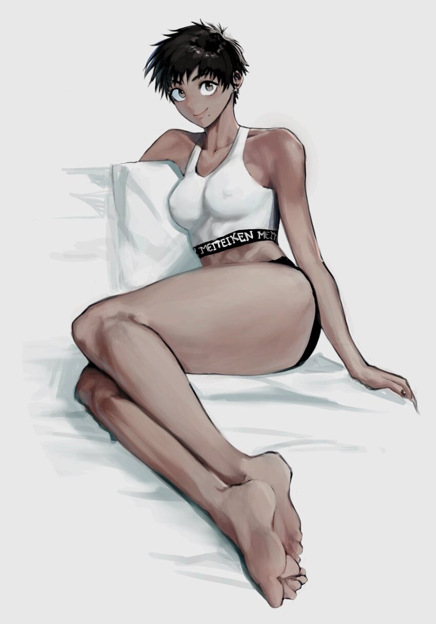 1girl, black_hair, black_shorts, breasts, commentary, dark-skinned_female, dark_skin, grey_eyes, hashtag-only_commentary, highres, medium_breasts, mole, mole_under_mouth, nnsee_d, one-punch_man, short_hair, short_shorts, shorts, simple_background, sitting, solo, sports_bra, suiko_(one-punch_man), white_background, white_sports_bra
