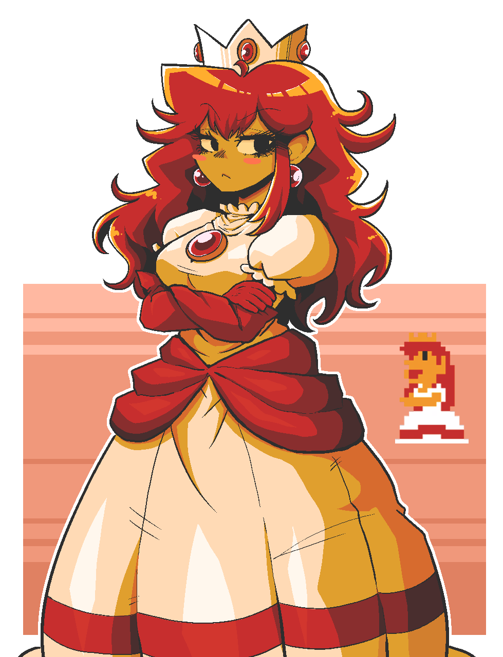 1girl, black_eyes, blush_stickers, bonh_hmhm, crossed_arms, crown, derivative_work, dress, earrings, elbow_gloves, frown, gloves, gold_crown, highres, jewelry, long_hair, looking_to_the_side, mario_(series), meme, nintendo, official_alternate_color, princess_peach, princess_toadstool_redraw_(meme), puffy_short_sleeves, puffy_sleeves, red_gloves, red_hair, reference_inset, short_sleeves, solo, sphere_earrings, sprite, sprite_redraw, super_mario_bros._1, white_dress