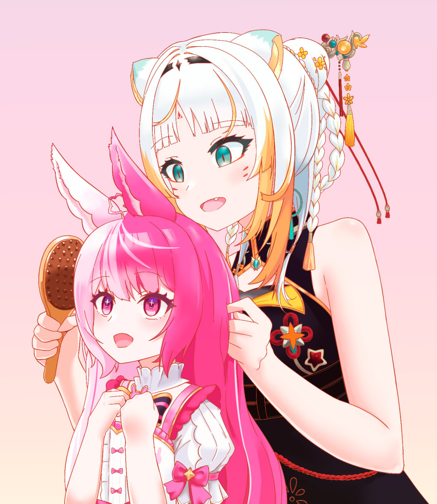 2girls, animal_ears, brushing_hair, dress, frilled_dress, frills, highres, chromashift