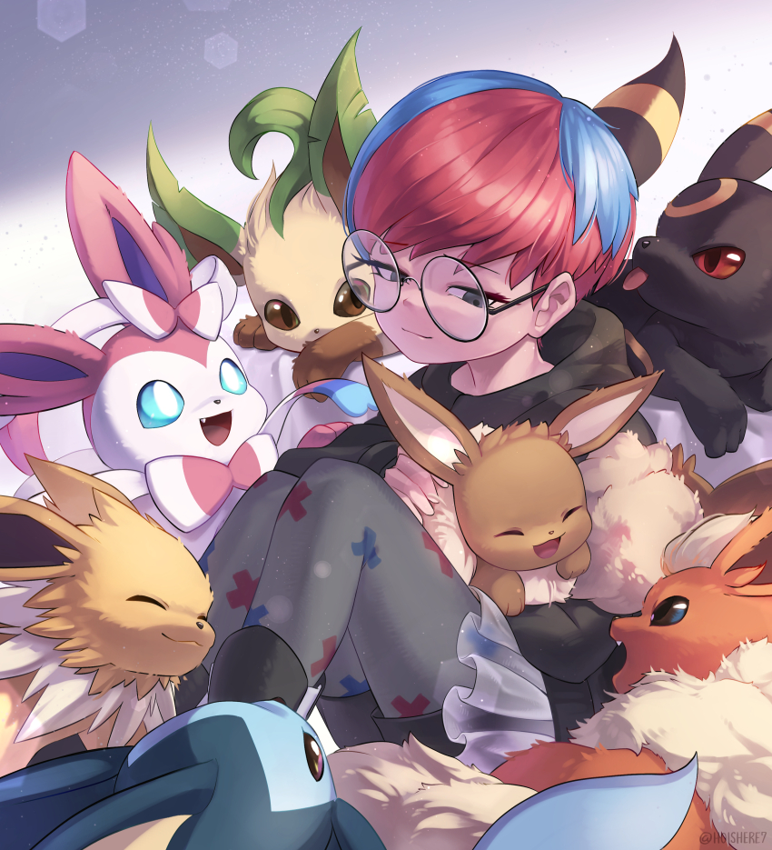 1girl, absurdres, blue_hair, boots, closed_mouth, commentary_request, eevee, flareon