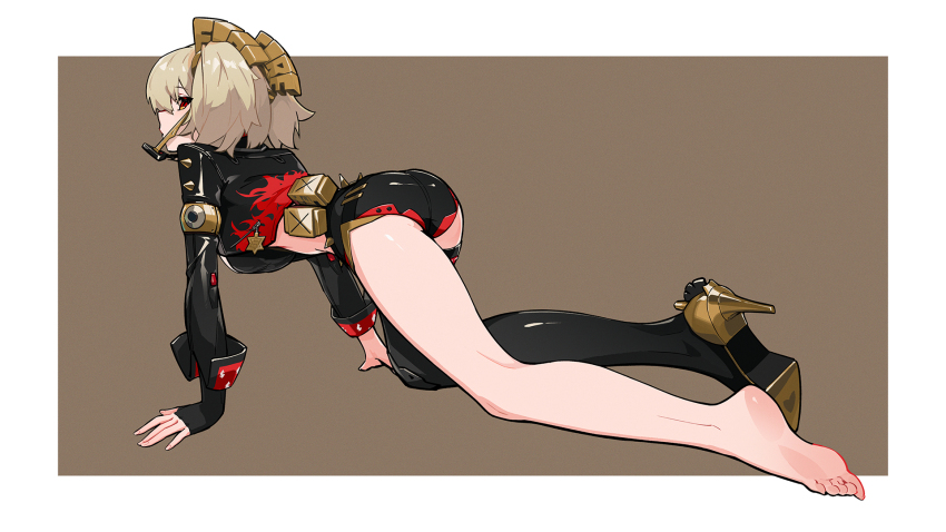 1girl, all_fours, barefoot, black_jacket, black_shorts, blonde_hair, boots, burnice_white