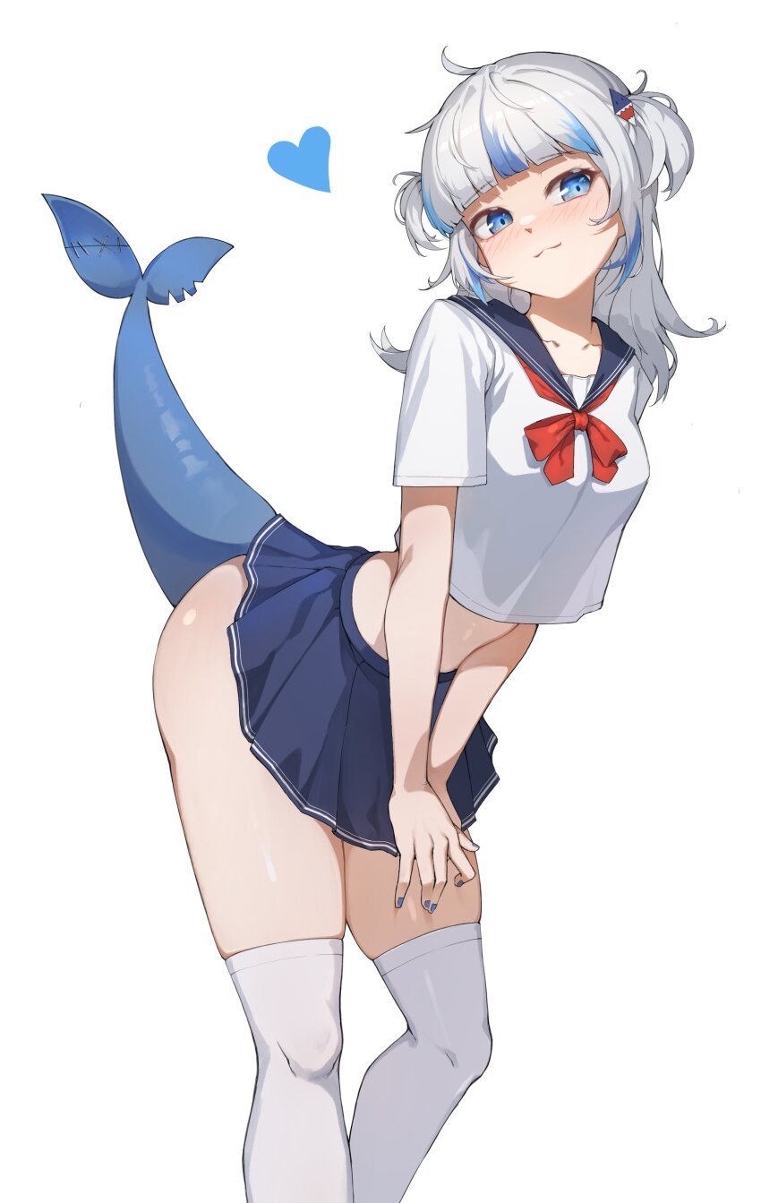 1girl, absurdres, alternate_costume, blue_hair, blue_nails, blue_skirt, breasts, fins