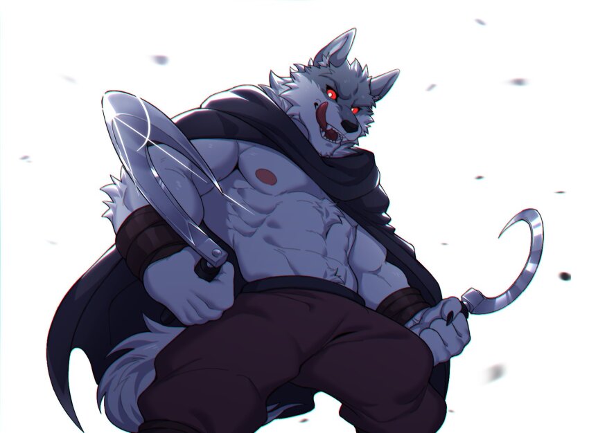 1boy, abs, animal_ears, bara, black_poncho, brown_pants, claws, colored_sclera