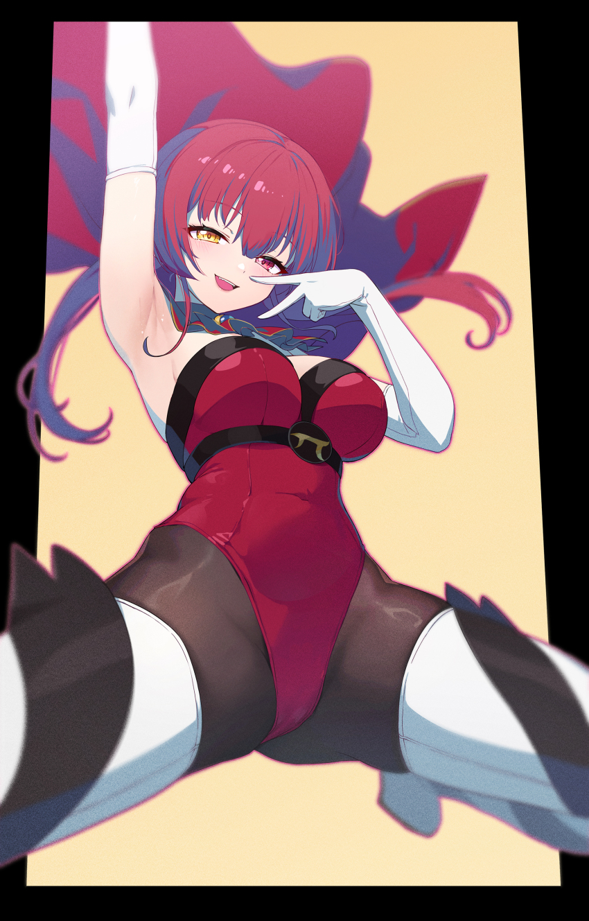 1girl, absurdres, angcha, arm_up, armpits, breasts, brooch, capelet, elbow_gloves, gloves, heterochromia, highres, hololive, houshou_marine, how_about_paipai_mask?_(houshou_marine), jewelry, large_breasts, leotard, looking_at_viewer, mask, pantyhose, red_capelet, red_eyes, red_hair, smile, solo, strapless, strapless_leotard, twintails, virtual_youtuber, white_gloves