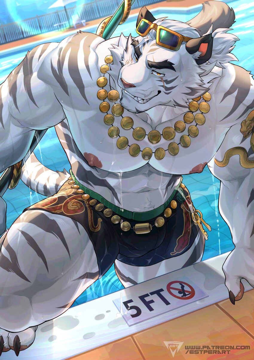 1boy, abs, absurdres, animal_ears, artist_logo, bara, black_male_swimwear, black_shorts, chair, claws, commentary, dislyte, dripping, english_commentary, estper, eyewear_on_head, fangs, fence, furry, furry_male, highres, holding, holding_oar, jin_qiu_(ru_shou)_(dislyte), jin_qiu_(ru_shou)_(wild_python)_(dislyte), logo, looking_at_viewer, male_focus, male_swimwear, multiple_necklaces, muscular, muscular_male, navel, necklace, nipples, oar, official_alternate_costume, pawpads, pectorals, ponytail, pool, scar, scar_across_eye, scar_on_face, shorts, smile, sun_glare, table, tail, thick_eyebrows, tiger_boy, tiger_ears, tiger_stripes, tiger_tail, topless_male, umbrella, water, wet, white_umbrella, yellow_eyes