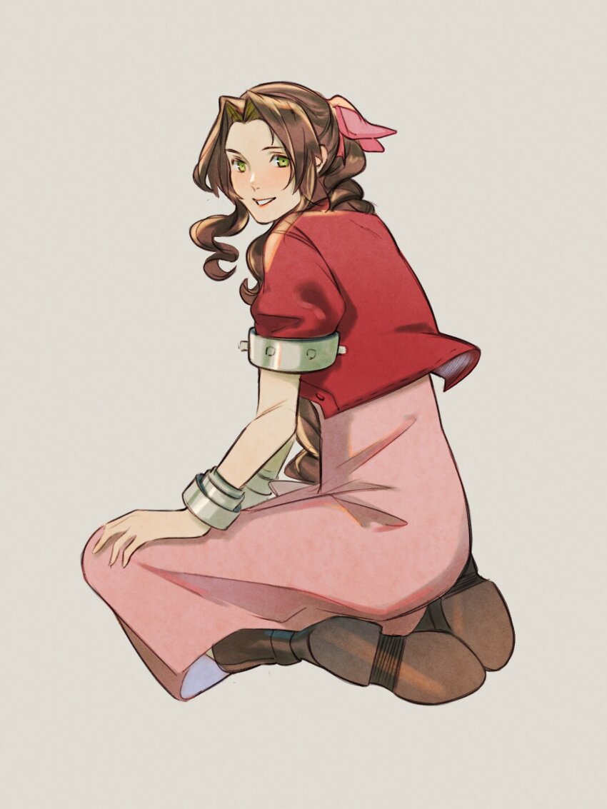 1girl, aerith_gainsborough, bangle, boots, bracelet, braid, braided_ponytail, brown_boots