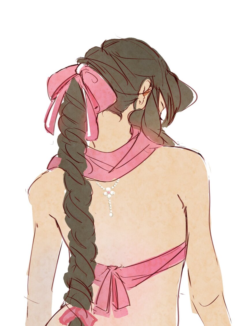 1girl, aerith_gainsborough, aerith_gainsborough_(pink_mermaid), bare_shoulders, bikini, braid, braided_ponytail, brown_hair