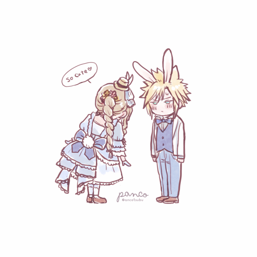 1boy, 1girl, aerith_gainsborough, aerith_gainsborough_(classic_coney), alternate_costume, ancotsubu, animal_ears, artist_name