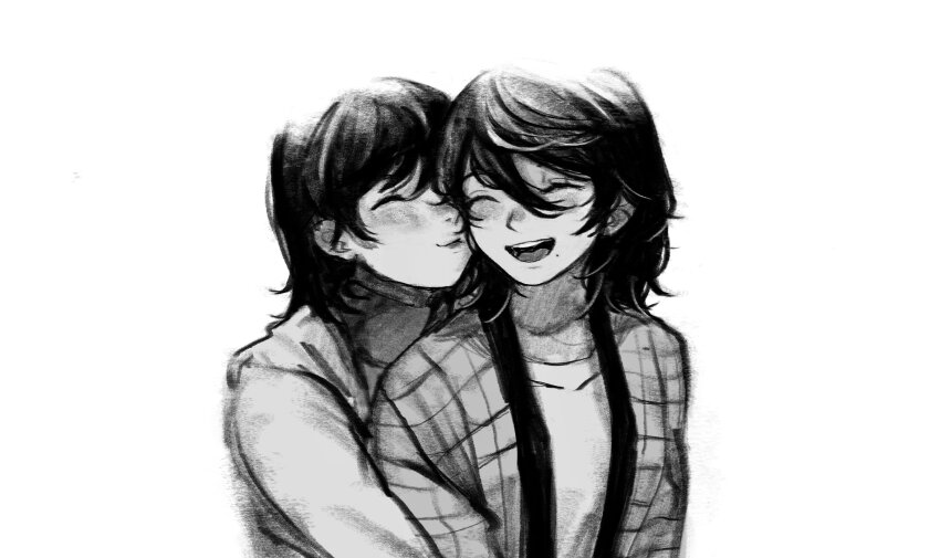 2girls, ayumu_fujino, black_hair, blush, closed_eyes, coat, couple, crew_neck