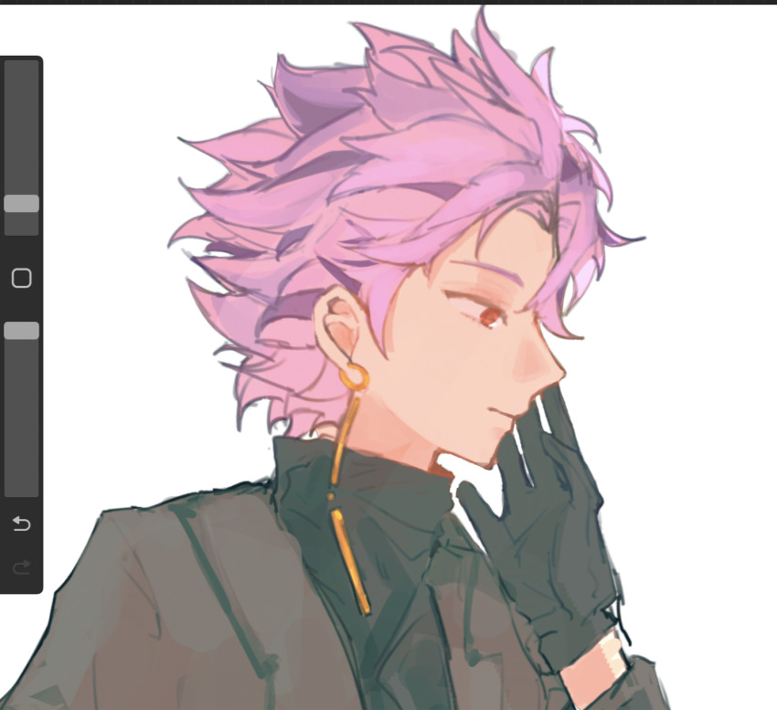 1boy, art_program_in_frame, black_gloves, black_jacket, black_sweater, buyaokaoji, closed_mouth, earrings, from_side, gloves, hand_on_own_cheek, hand_on_own_face, highres, jacket, jewelry, long_sleeves, male_focus, multicolored_hair, open_clothes, open_jacket, pink_hair, portrait, procreate_(medium), procreate_(software), profile, purple_hair, red_eyes, saibou_shinkyoku, short_hair, simple_background, solo, streaked_hair, sweater, theodore_riddle, turtleneck, turtleneck_sweater, two-tone_hair, white_background