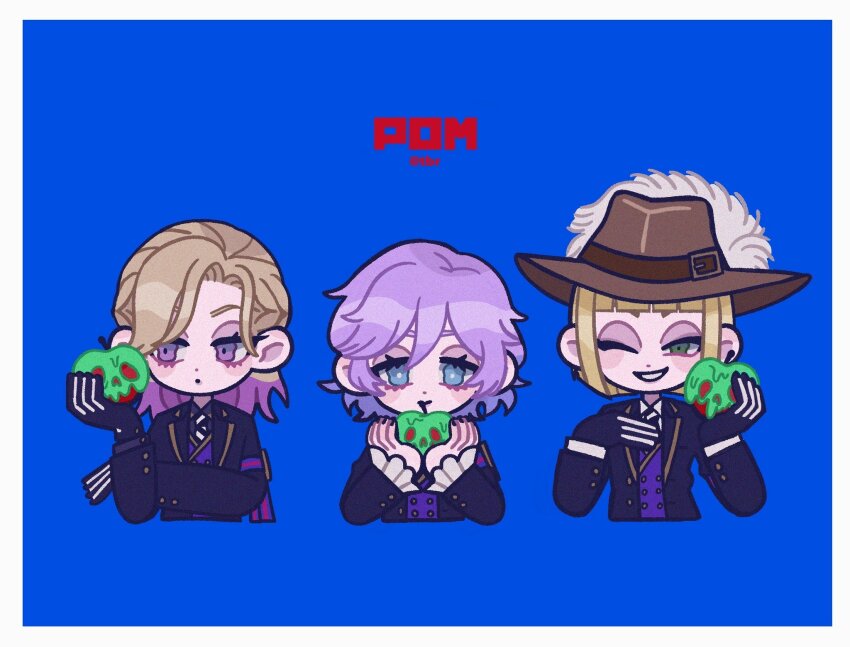 3boys, apple, blonde_hair, blue_background, blue_eyes, commentary_request, epel_felmier, food