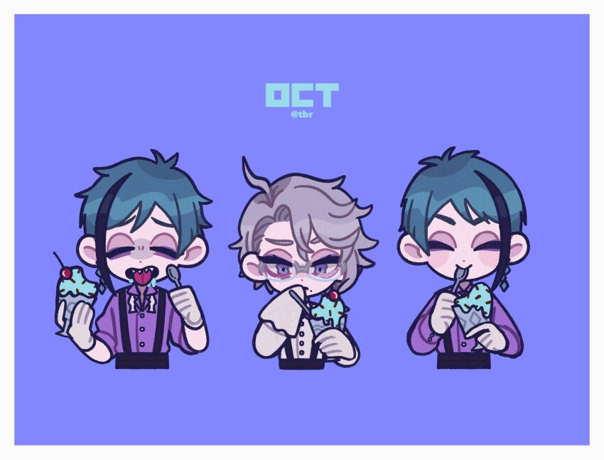 3boys, blue_hair, commentary_request, cropped_torso, eating, english_text, food, grey_hair, highres, ice_cream, male_focus, multiple_boys, purple_background, purple_eyes, redrawn, sharp_teeth, short_hair, simple_background, suspenders, tbr0009, teeth, tongue, tongue_out, twisted_wonderland, upper_body