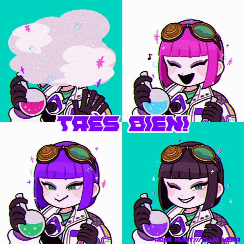 1boy, androgynous, brown_hair, commentary, flask, french_text, goggles, goggles_on_head, green_eyes, highres, lab_coat, looking_at_viewer, male_focus, multiple_views, pink_hair, purple_hair, rook_hunt, rook_hunt_(lab_coat), round-bottom_flask, short_hair, sparkle, untranslatable_commentary, tbr0009, translated, twisted_wonderland