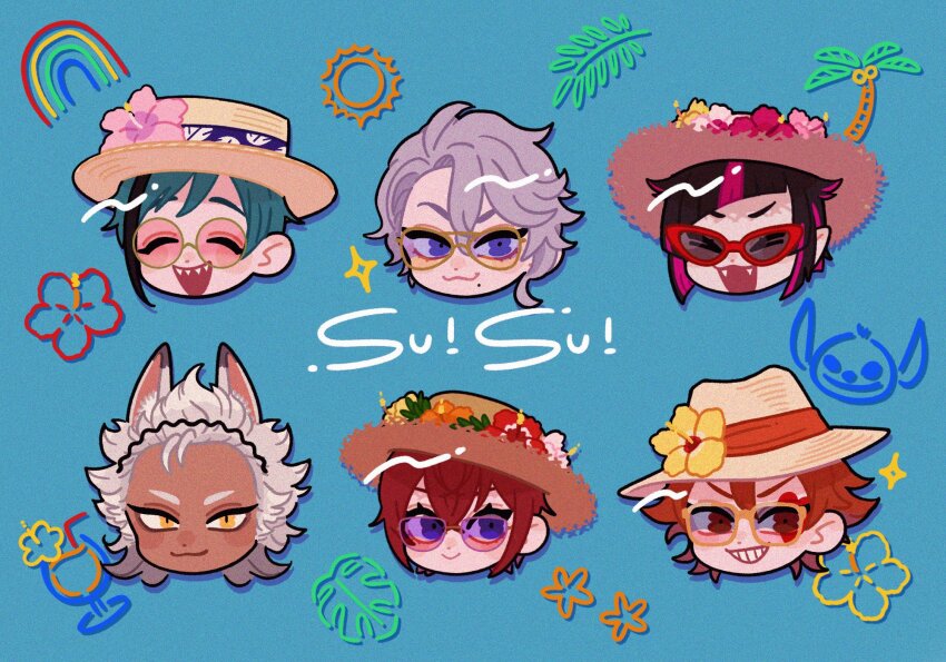 6+boys, ace_trappola, ace_trappola_(tropical_wear), animal_ears, azul_ashengrotto, azul_ashengrotto_(tropical_wear), blue_background, blue_hair